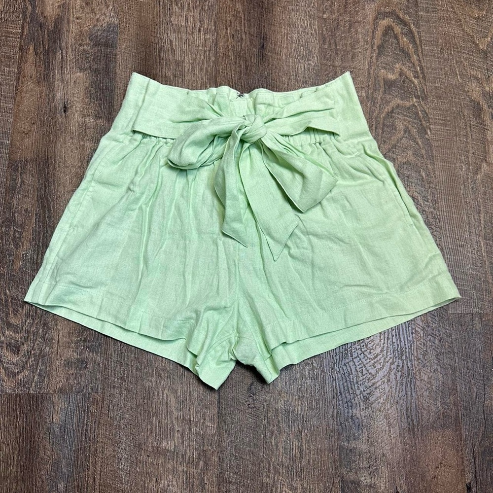 light green high rise linen blend tie front shorts from abercrombie